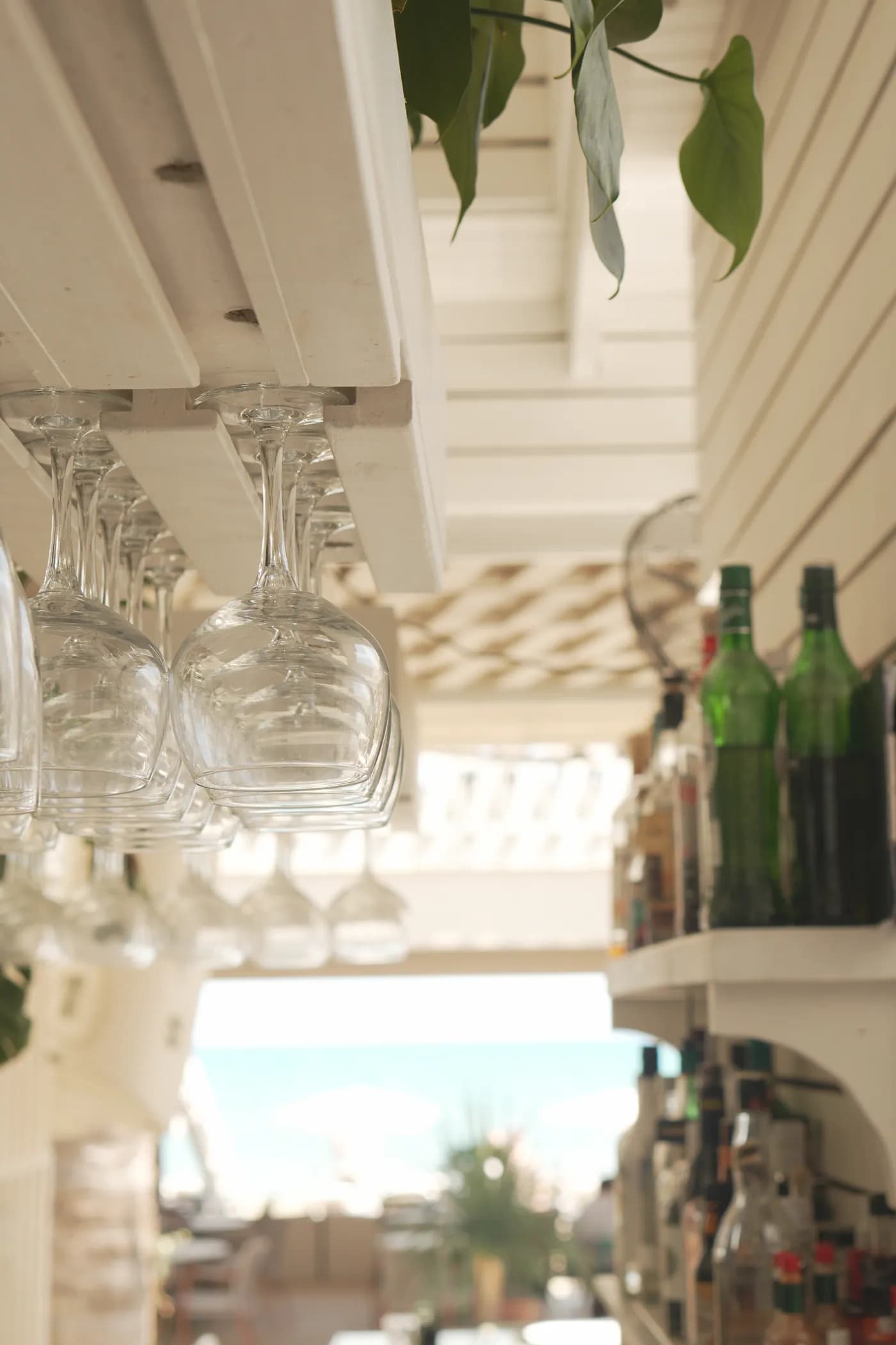 Glasses at the Ammos bar with the sea behind