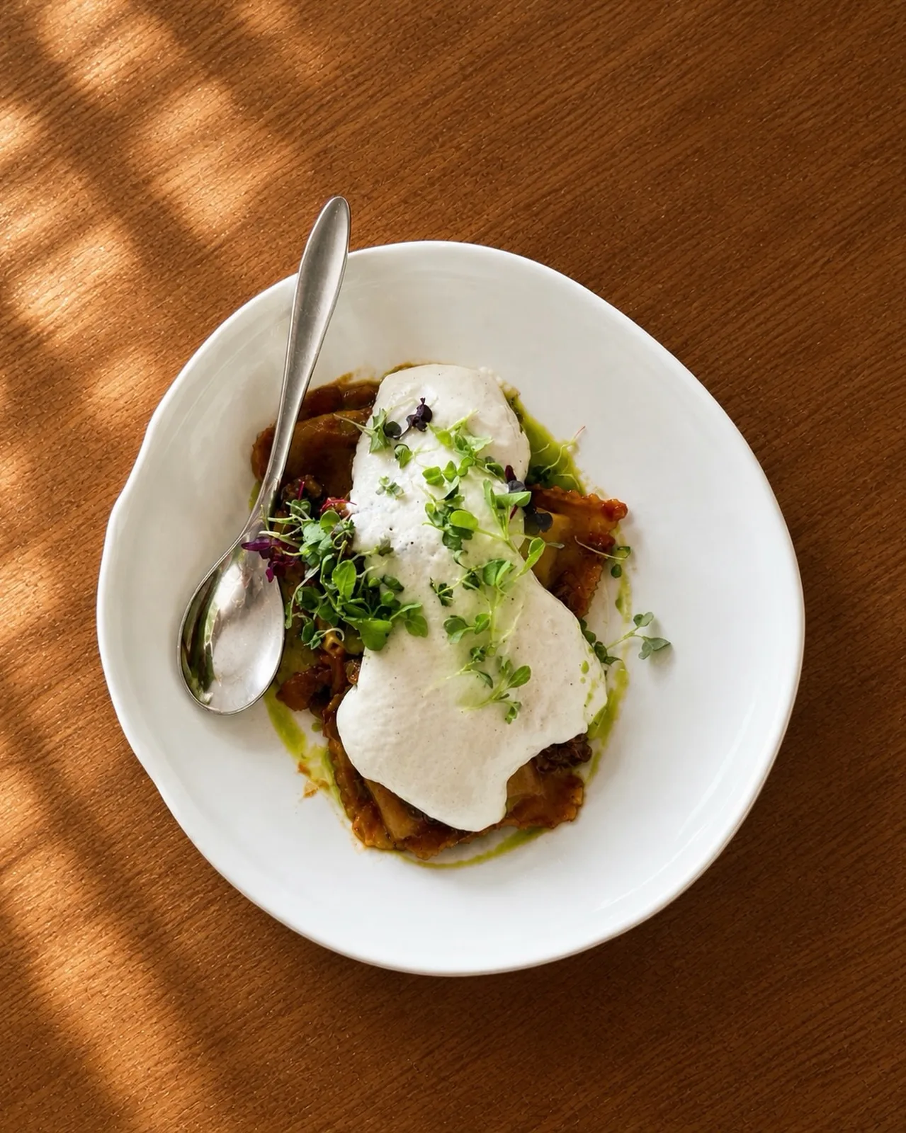 A Mediterranean classic, reimagined at Ammos ✨Ravioli Moussaka! Rich, delicate and unforgettable. New menu up 
